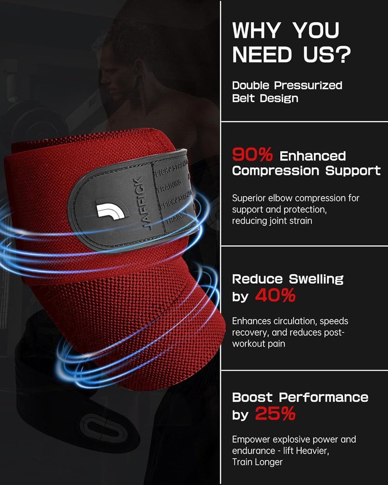 Jaffick Elbow Wraps for Weightlifting (1 Pair) - Double-Layer Reinforced 40'' Elastic Elbow Brace Compression Strap & Gym Joint Support Brace - for Bench Press, Powerlifting, and Pressing - Image 2